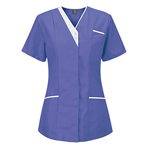 Frauen Casual Kurzarm V-Ausschnitt Krankenpflege T-Shirts Top mit Tasche einfarbige Bluse Jogginganzug Damen 42