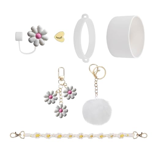 Joberio Isolierte Tassendekorationen, Tassenzubehör,40oz 30oz Trinkbecher-Zubehör-Set, 7 Stück/Set | Bunter Blumen-Schlüsselanhänger, Plüschkugel-Anhänger für 40-Unzen- und 30-Unzen-Becher