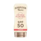 Hawaiian Tropic Glowing Protection Sunscreen Lotion, wasserfeste Sonnencreme mit LSF 50 UVA- + UVB-Schutz, tropischer Duft, mit Sheabutter, 180 ml