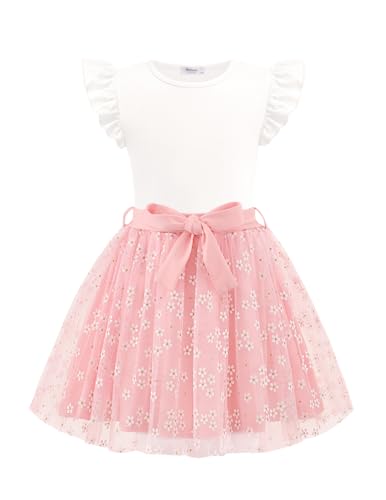 Arshiner Mädche Sommer Kleid Kleidungsset Fliegenden Ärmeln Weiß T-Shirt mit Rosa Rock Zweiteiliges Kinder Bekleidungssets Tüll Kinderkleid Party Kleidung Festlicheskleid mit Gürtel 130/7-8 Jahre