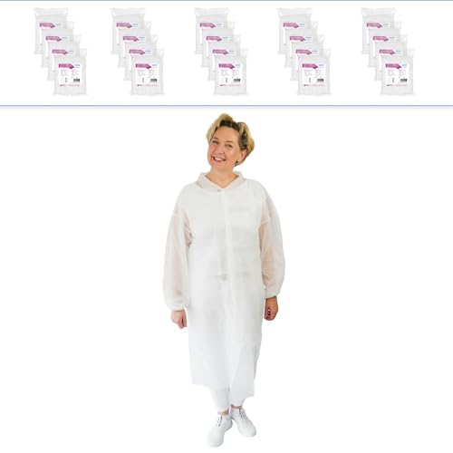 20x ARNOMED PP-Schutzkittel Weiß, Schutzkittel Einweg L- 138x110cm, Einmal Kittel mit 4 Druckknöpfen, Einwegkittel 23g/m², Vlieskittel lebensmitteltauglich, Besuchermantel, Einweg Kittel Einmalkittel