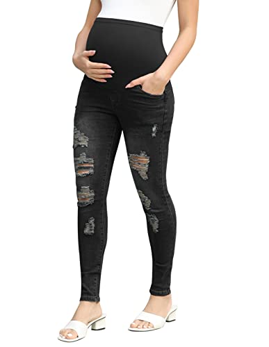 Maacie Umstandshosen Jeans Dehnbar Schwangerschaftsjeans Hohe Taille Hosen für Schwangere Blau M