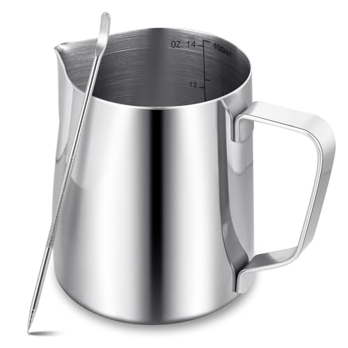 Milchkännchen,400 ml/14 fl.oz Milchkanne mit Latte-Dekorationskunststift,Barista-Milchschaumkännchen Edelstahl für Kaffeemaschine