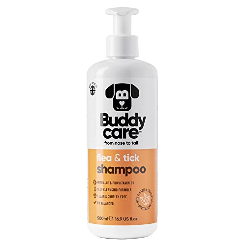 Floh- & Zeckenhundeshampoo von Buddycare - Beseitigt Flöhe, Zecken & Milben - Tiefenreinigungsshampoo für Hunde, Flohshampoo mit Teebaumöl & Eukalyptus für Hunde (500ml)