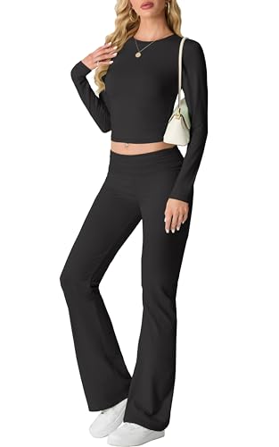 IWOLLENCE Hausanzug Damen Jogginganzug Set Lounge Set 2 Teiler Sportanzug Damen Y2K Outfit Homewear mit Crop Top und Schlaghosen (Schwarz, M)