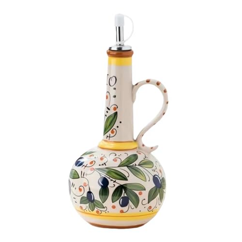 Wmool Italienische Olivenölspenderflasche aus Keramik, 652 ml, handbemalt, Steingut, Olivenöl-Flasche, für Küche, mit Edelstahlauslauf für Öle, Saucen, Essig