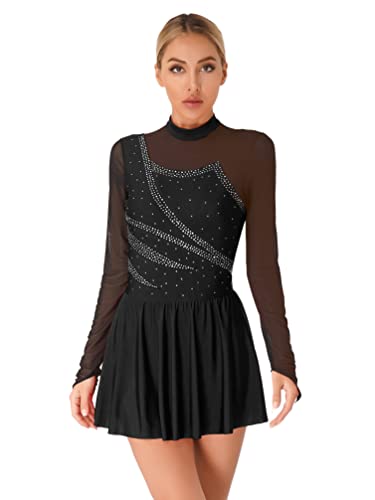 Jugaoge Damen Eiskunstlauf Kleider Langarm Kürkleid Glitzer Tanzkleider Mesh Spleiß Gymnastikanzug Turnanzug mit Tutu Röckchen Schwarz S
