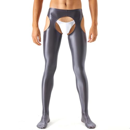 GENEMEN Glänzende Herren Strumpfhosen Crotchless Tights Pants Sissy Unterwäsche Crotchless Sheer Leggings (Dunkelgrau, XL)