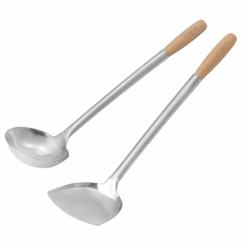 SANTOS 2-teiliges Wok-Set aus Edelstahl – Wokwender & Schöpfkelle mit Holzgriff – Perfekt für asiatische Gerichte – Länge ca. 45-46 cm – robust & langlebig