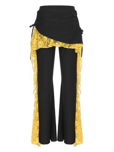 TiaoBug Damen Latein Hose Klassisch Standard Tanzhose mit Schlag Schlitz Spitzen Besatz Jazztanz Pants Bauchtanz Belly Dance Outfits Gelb Einheitsgröße