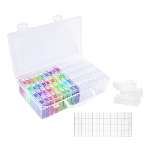 Diamond Painting Aufbewahrungsbox - 64 Fächer Kunststoffbox 5D Diamond Painting Zubehör Boxen DIY Bastelzubehör für Schmuck und Nailart mit Aufklebern