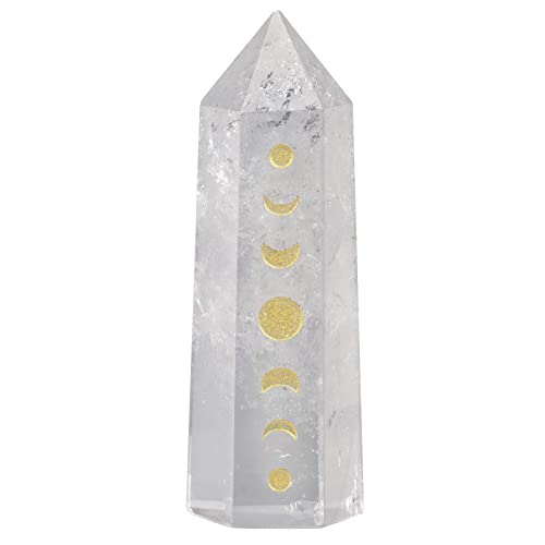Nupuyai Natürlich Heilung Kristall Stab mit Mondphasen, Hexagon Kristall Säule Zauberstab Heilsteine Bergkristall Spitz für Reiki Chakra Meditation Therapie Deko