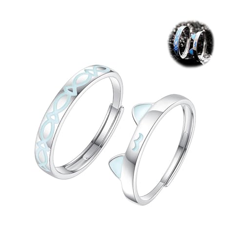 BnMvF Glow in the Dark Couple Ringe für Frauen Männer - Einstellbare S925 Sterling Silber Katze & Fisch Matching Schmuck, perfekte Jahrestag Geschenk für Liebhaber (Weißgold,Einstellbar)