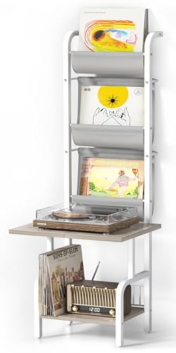 Plattenspieler Schallplatten Aufbewahrung PlattenspielerStänder Schallplattenspieler-Tisch mit Vinyl-Schallplatten-Aufbewahrung für bis zu 200 Alben Schallplatten Wandhalterung Vinyl Display Weiß