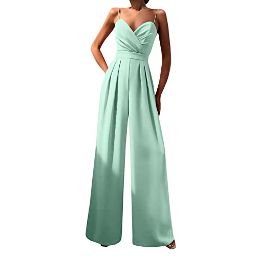 2025 - Sommer Elegante V-Ausschnitt Playsuits Ärmellos Rückenfrei Temperament Jumpsuit Lose Hose mit weitem Bein Kleider Sexy Sommer (Mint Green, L)