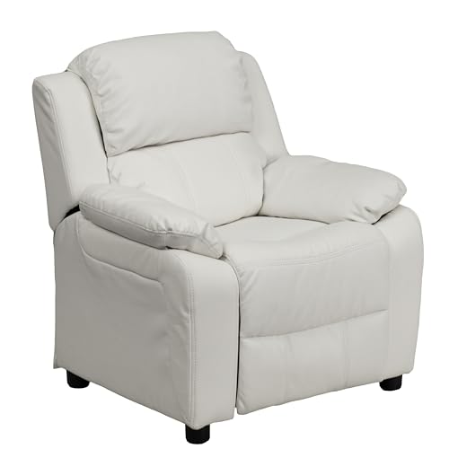 Flash Furniture Charlie Vinyl-Kinderliege mit hochklappbaren Aufbewahrungsarmen und Sicherheitsliege, moderner Liegestuhl für Kinder, unterstützt bis zu 40,8 kg, Weiß