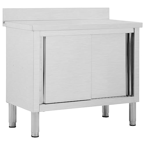 Emmtore Arbeitsschrank mit Schiebetüren Arbeitstisch Arbeitsplatte Edelstahlschrank Gastro Schrank Schiebetürenschrank,100 x 50 x (95-97) cm