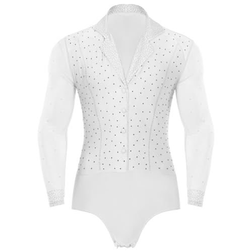 dPois Herren Tanz Hemd Latein Standard Tanz Tango Salsa Trikot Leotard Tanzbody Hemdbody mit Strass Männer Ballroom Tanzkostüm Weiß M