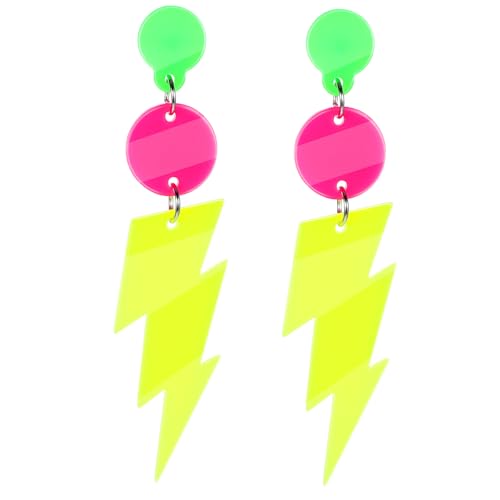 Tyqour 1 Paar 80er 90er Jahre Blitz Bolzen Ohrringe Retro Acryl Ohrringe Neon Ohrringe Damen 80er Jahre Ohrring Frauen 8x2cm Vintage Gelb Ohrring für Mottoparty Kostüm Party Maskerade Frau Mädchen