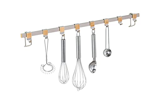 WENKO Hakenleiste Premium mit 8 Edelstahl-Haken, Wandleiste für griffbereite Aufbewahrung von Küchenutensilien und Küchenhelfern, aus gebürstetem Flachstahl und Bambus, 60 x 4 x 2,5 cm, Silber/Natur