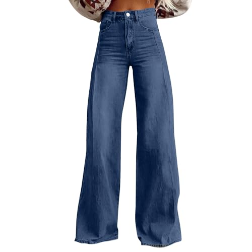 Sommer Baggy Hosen, Elegante Damen Jeans, High Waist Weites Bein Pants mit Taschen, Stretch Hohe Taille Jeanshose, Straight Leg Pants, Mode Vintage Freizeithose Denim Streetwear (Dark Blue, 2XL)