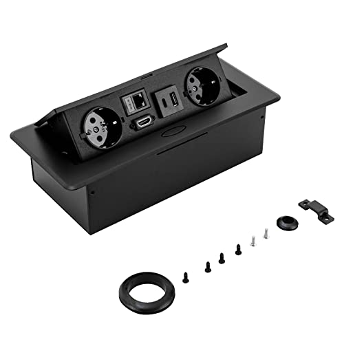 Steckdose Einbausteckdose,Tischsteckdose Einziehbare Steckdosen,Tischplatte Versteckt Steckdose,Pop-up Bodenbox mit 2 EU LAN HDMI und 5V 3A USB Typec Ladegeräten,AC250V 16A (Schwarz)