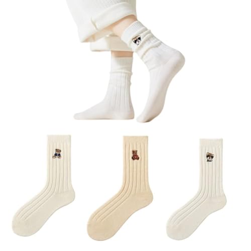 AKAMAS 3 Paar Damen Niedliche Cartoon Tier Gestrickte Baumwollsocken,Lustige Bunte Bestickte Bär Crew Socken,Weiche Winter Warm Freizeitsocken,Geschenke für Mädchen und Frauen A