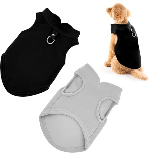 2 Stück Hundepullover mit D-Ringen, Hundemantel für Kleine Hunde, Warm Hundepullover, Grau+Schwarz Winter Hundejacke, Wintermantel Fleece für Kleine Hunde, Hundejacke für Innen und Außen (M)