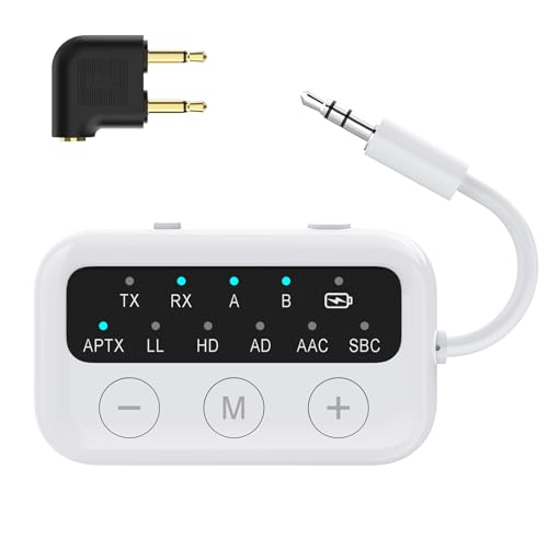Bluetooth 5.3 Sender Klinke Splitter Transmitter Receiver für 2 Kopfhörer, aptX-Adaptive Kabellos Audio Adapter Flugzeug, 25H Spielzeit, 3,5mm Aux Sender Empfänger für TV, PC, Stereoanlage, Autoradio