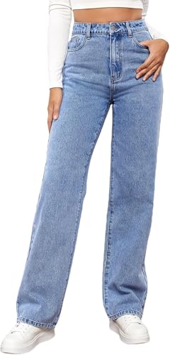 MANGGUO Damen-Jeans, hohe Taille, gerader Schnitt, gerade, Baggy, breite Beine, schlankmachend, mit Allen Hosen für Herbst und Winter, elastisch, klassisch, Denim（Hellblau, XXL）