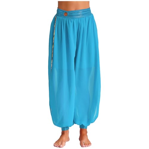 Rswnyirn Damen Haremshose Sexy Tanzhose Bauchtanzhose mit Schlitz Bauchtanz Kostüm Mottoparty Karneval Fasching Tanz Kostüm Hellblau Einheitsgröße