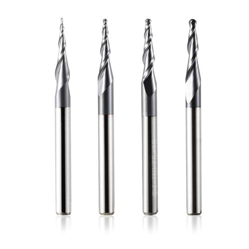 4 Stück 2 Flöten Kugelkopffräser mit Konischer Spitze CNC Gravierfräser R0,25mm-R1,0mm 3,175mm (1/8") Schaft Vollhartmetallfräser für Oberfräse mit TiAlN Beschichtung für 2D und 3D Gravur