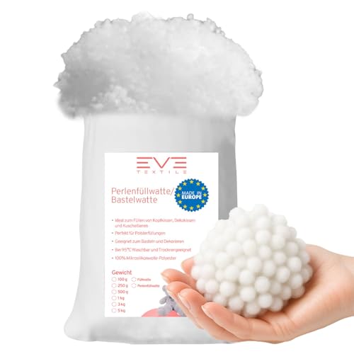 EVE Textile® Premium Faserbällchen-Füllwatte; Perlenfüllwatte als Füllmaterial für Kissen, Stofftiere & Bastelarbeiten; Hochwertige, waschbare Kissenfüllung bis 95°C aus 100% Polyester (1000 Gramm)
