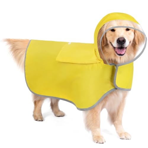 Adiwo Regenmantel für Hunde, Mit reflektierenden Kanten Hunde Regenjacke, Einstellbare Hunde Regencape Kapuze, Gelb