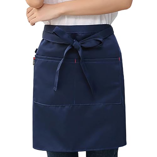 Watwass Arbeitsschürze Restaurant Café Bar Taillenschürze Damen Küche mit Tasche Vorbinder Schürze Dunkelblau Vintage