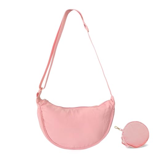 GoPaw Damen Halbmond Crossbody Schultertasche, Hobo Halfmoon Bag, Nylon Crossbody Bag Damen Halbmond Schultertasche mit Ein Münzgeldbeutel Verstellbarer Schultergurt, Einfarbige (Rosa)