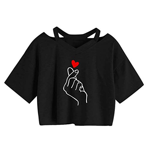 YEBIRAL Damen Crop Top, Teenager Mädchen Brief Drucken Bauchfrei Oberteil Pullover Kurzarm T-Shirt Sweatshirt Kurz Sport Rundhals Tops Shirt Hemd Bluse