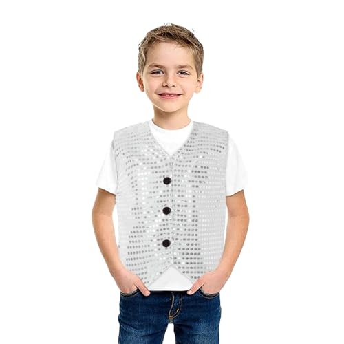 Pailletten Weste Kinder Jungen Ärmellos Anzugjacke Glänzend Party Disco Oberteil Mit Knöpfe Hip Hop Jazz Street Dance Kleidung Tanzkostüm Jungen Glitzer Pailletten Weste Jacke (Silver, 3-4 Years)