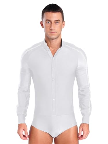 Yhong Herren Langarm Tanz-Body Latein Obeteile Hemdbody Overalls Männerbody Tango Rumba Party Tanzkleidung Tanzkostüm Weiß L