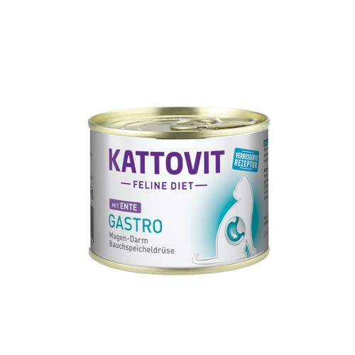 Kattovit Gastro mit Ente | 12 x 185g | Katzenfutter für Katzen | Nassfutter für Katzen welches bei gastrointestinalen Erkrankungen unterstützend wirken kann | Niedriger Fettgehalt