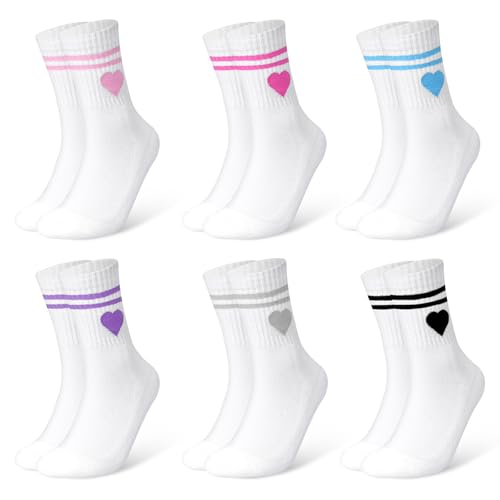 HAGOT 6 Paar Damen Herz Tennis Socken, Tennissocken Damen, Frottee Sohle Atmungsaktiv Baumwollsocken, Damen mit Streifen Herz Weiß Tennis Socken, Sport Socken, Geschenke für Frauen