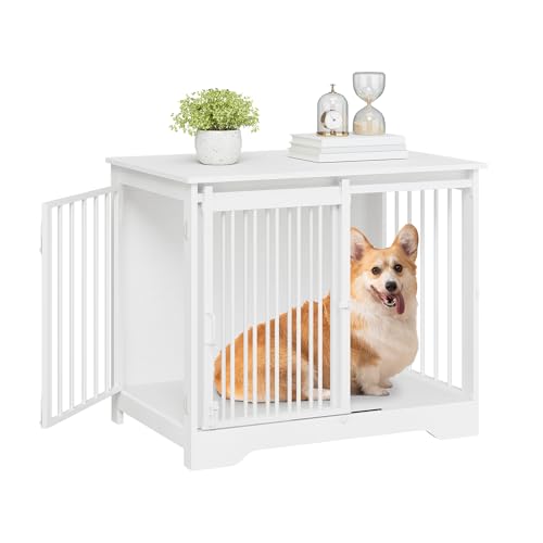 Hzuaneri Hundekäfig Möbel, 81cm hundebox für zuhause, Schiebetüren, 2 Türen, Moderne hundebox Holz Indoor für kleine/mittlere Hunde, Hundekäfig für Zuhause, 55x81x67,5cm, Weiß DFC83613W