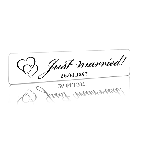 Hochzeitskennzeichen Kennzeichen Aufkleber Hochzeitsauto mit Datum + Namen Brautpaar Wunschname Hochzeit Auto Deko Schild selbst gestalten (13 Just Married Herzen, Kunststoff Kennzeicheneinleger)