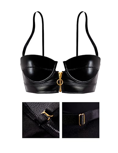 LOVE YOU SEXY Damen Kunstleder Balconette BH mit Front Offener Reißverschluss, Schwarz BH, 90E