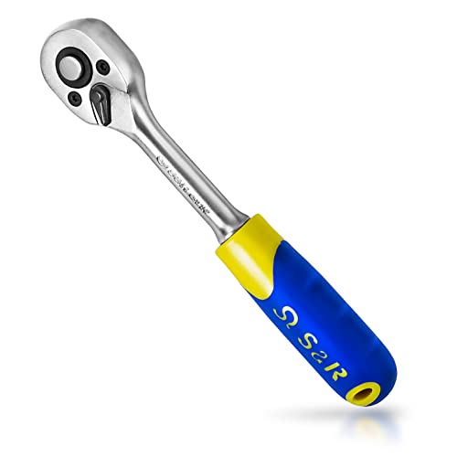 S&R Umschaltknarre 1/4", CrV-Stahl, umschaltbare Ratsche für Links- und Rechtsanzug, 2-Komponenten-Griff, Vierkantabtrieb, 45 Zähne, Betätigungswinkel 5°, Knarre Steckschlüssel-Einsatz Nüsse