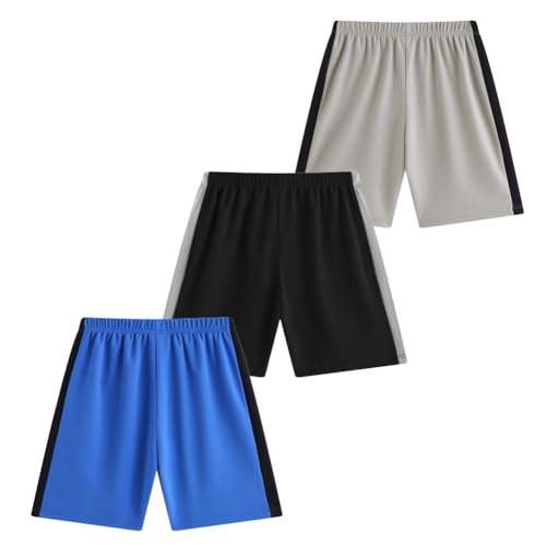 FedMois 3er Pack Kinder Jungen Training Shorts Sporthose, Schwarz, Grau und Blau, 6 Jahre