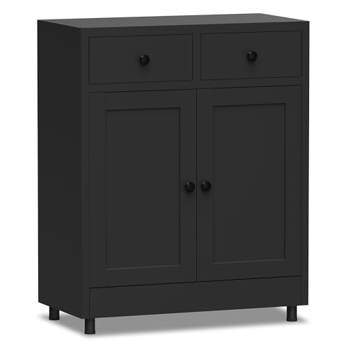 JINKUR Aktenschrank Büroschrank Lagerschrank Metallschrank Stahlschrank Mehrzweckschrank Buffetschrank Flurschrank, Aufbewahrungsschrank aus Metall mit 2 Schubladen und Verstellbarem Regal (Schwarz)