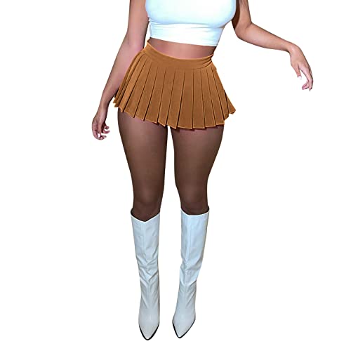 Plisseerock Damen Mini Faltenrock Für Sexy Club Hoch Elastische Tennisrock A Linien Minirock High Waist Damenrock Kurze Sport Plissee Röcke Kurz Fitness Hohe Taille Outdoor Yoga Röck (Coffee, S)