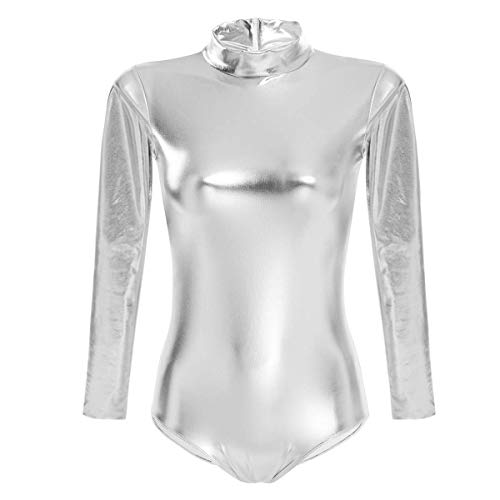 FYMNSI Damen Glänzende Ballettanzug Ballettbody Sport Tanz Body Gymnastikanzug Trikot Langarm Bodysuit Metallic Wetlook Einteiler Turnanzug Leotards Overall Lack Leder Oberteile Top Kostüm Silber M