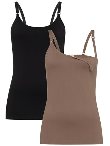 Herzmutter Stilltops Seamless - 2er Set - einfache Stillfunktion - praktische Clip-Verschlüsse - Tops-Unterhemden zum Stillen - Stillzeit - 5320 (L-XL, Schwarz/Taupe)